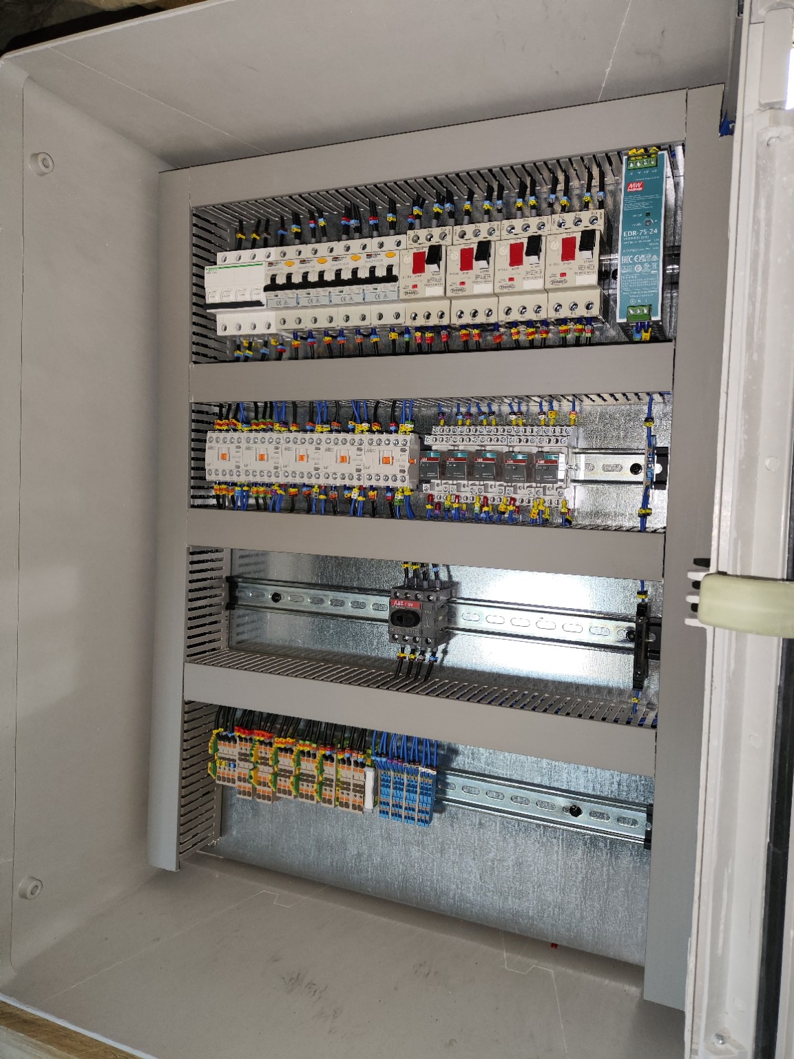 Modern industrial control panel with organised wiring, labelled conductors and clear component layout