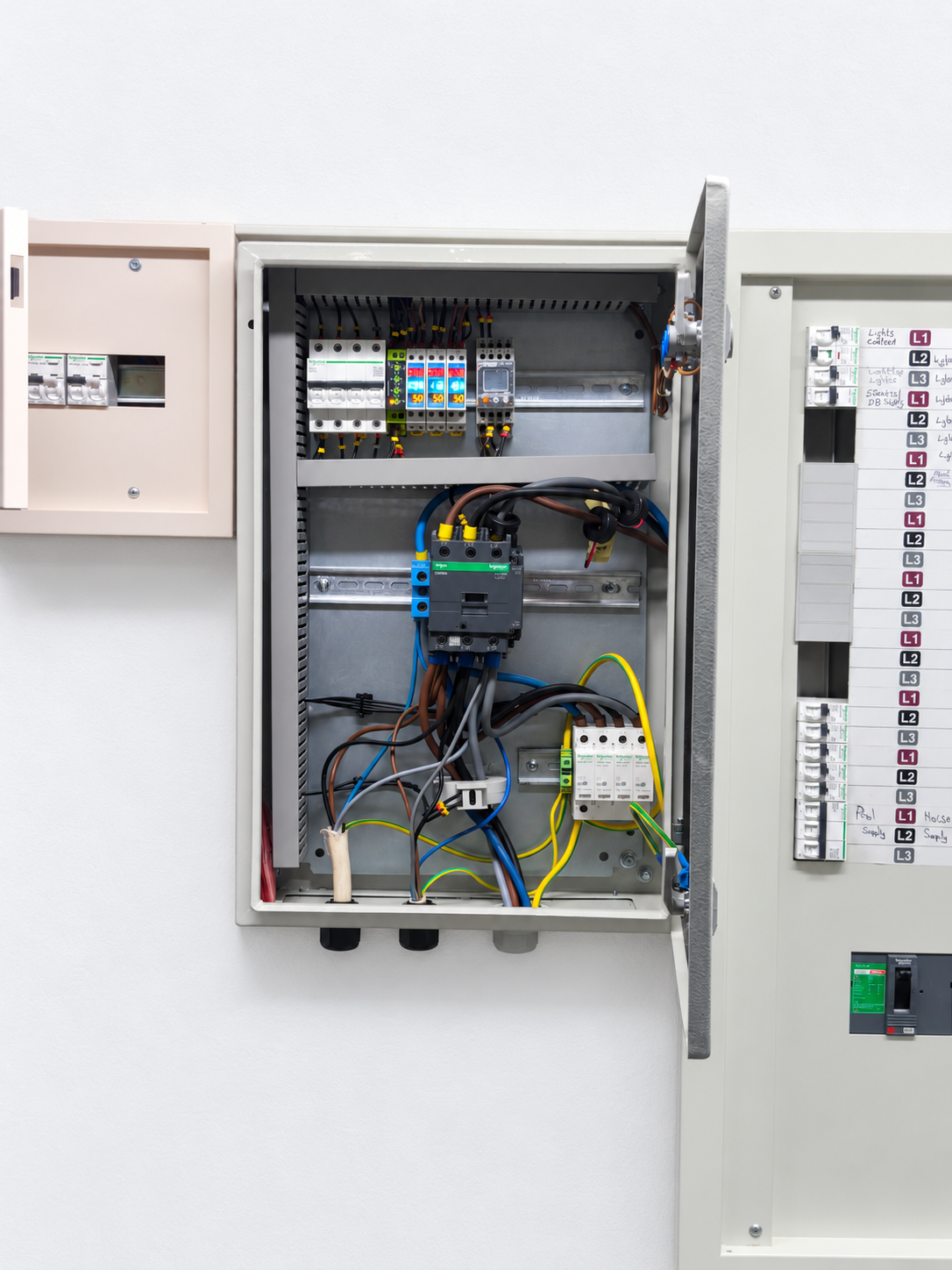 Close-up of the open incoming supply panel showing three digital phase monitors, the OVR module, main contactor and surge protection devices